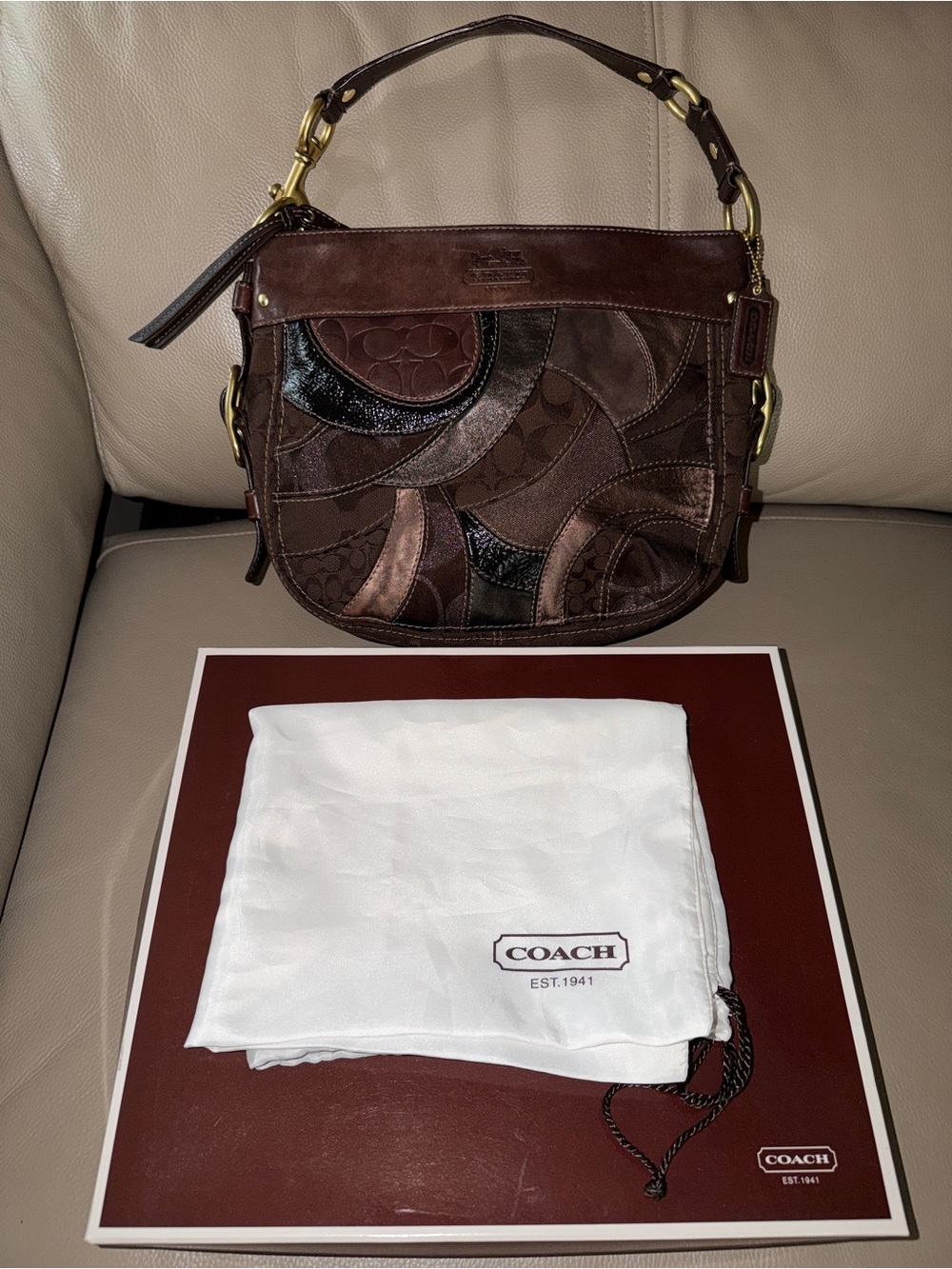 COACH 12”Classic Medium Hobo Brown MultiTone Patchwork Leather ShoulderBag Purse